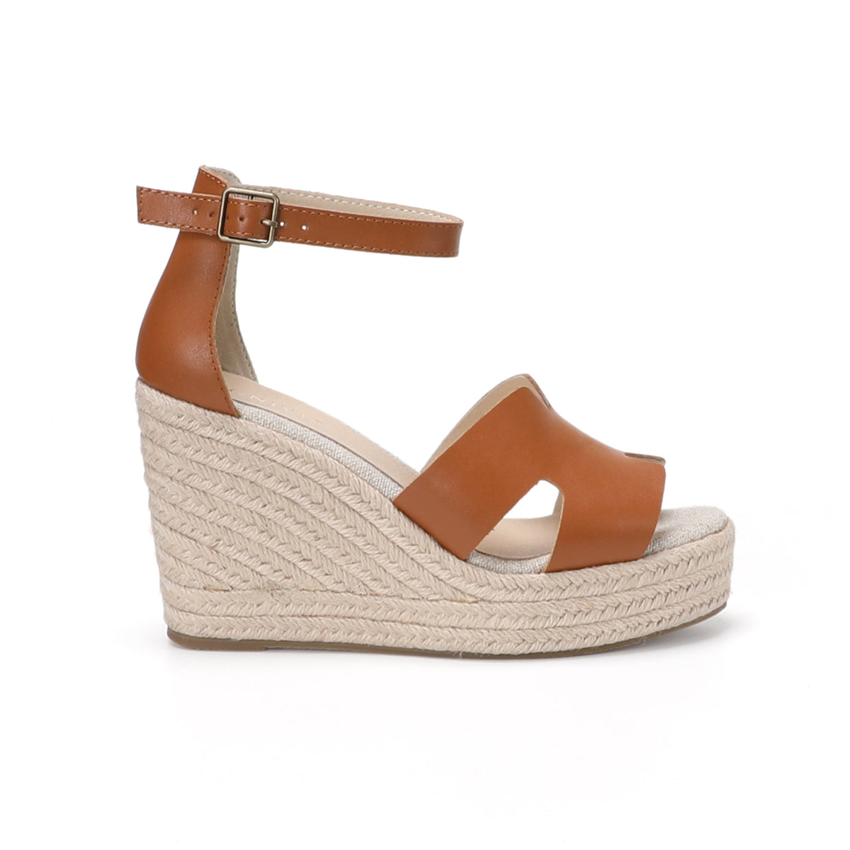 TONIVIS women's cognac brown leather platform wedge sandals side view