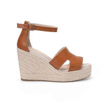 TONIVIS women's cognac brown leather platform wedge sandals side view