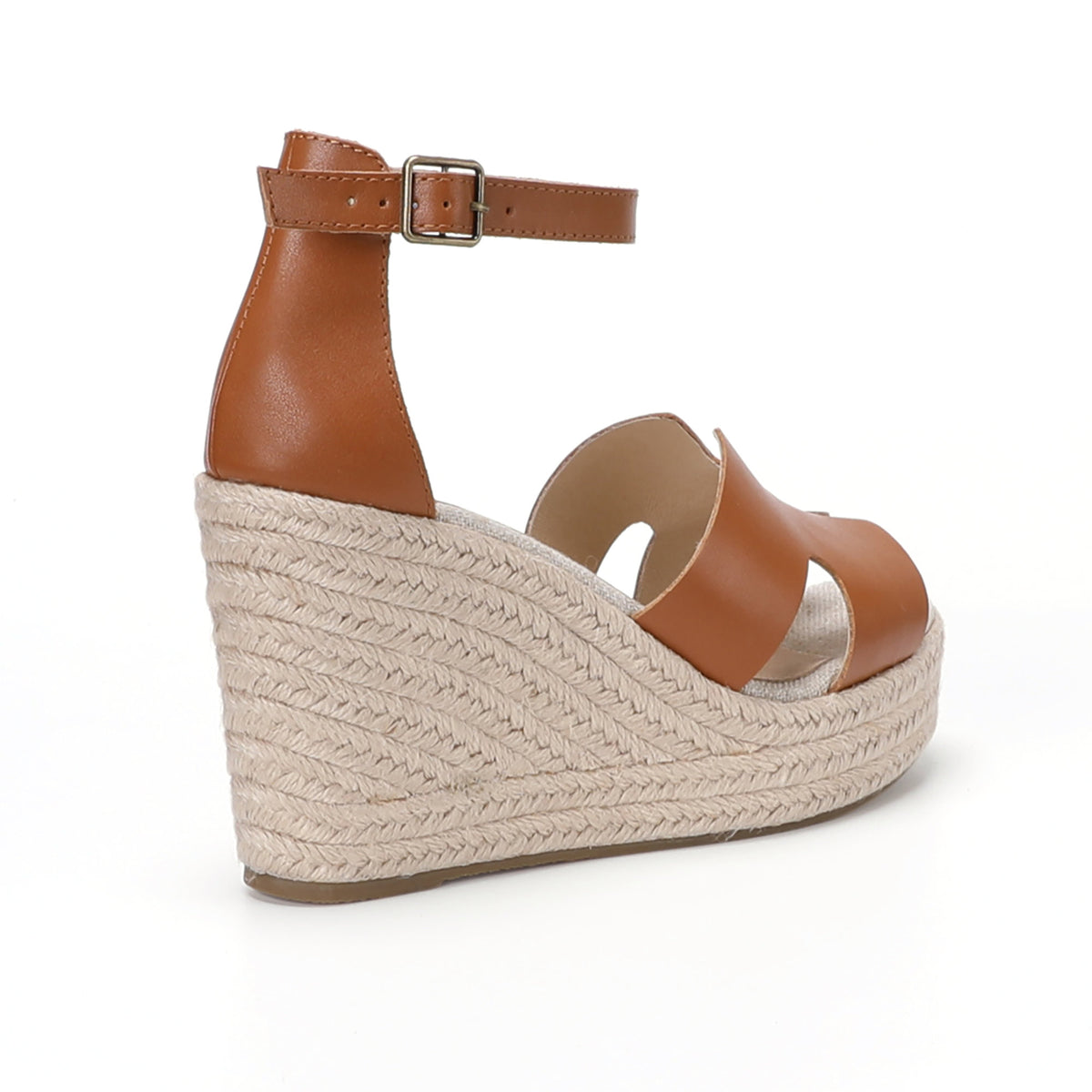 TONIVIS women's cognac brown leather platform wedge sandals rear view