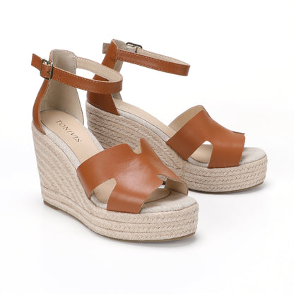 TONIVIS women's cognac brown leather platform wedge sandals pair