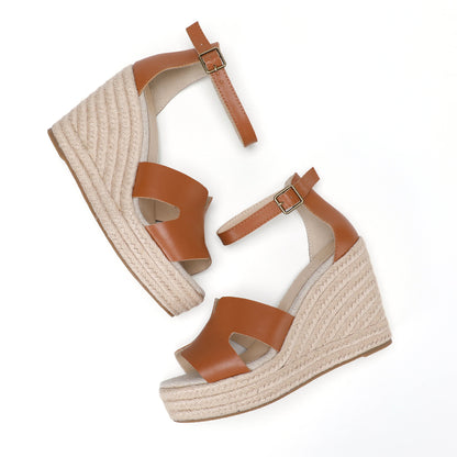 TONIVIS women's cognac brown leather platform wedge sandals overhead pair