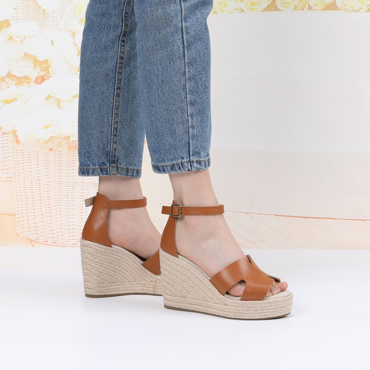 TONIVIS cognac leather platform wedge sandals on model side