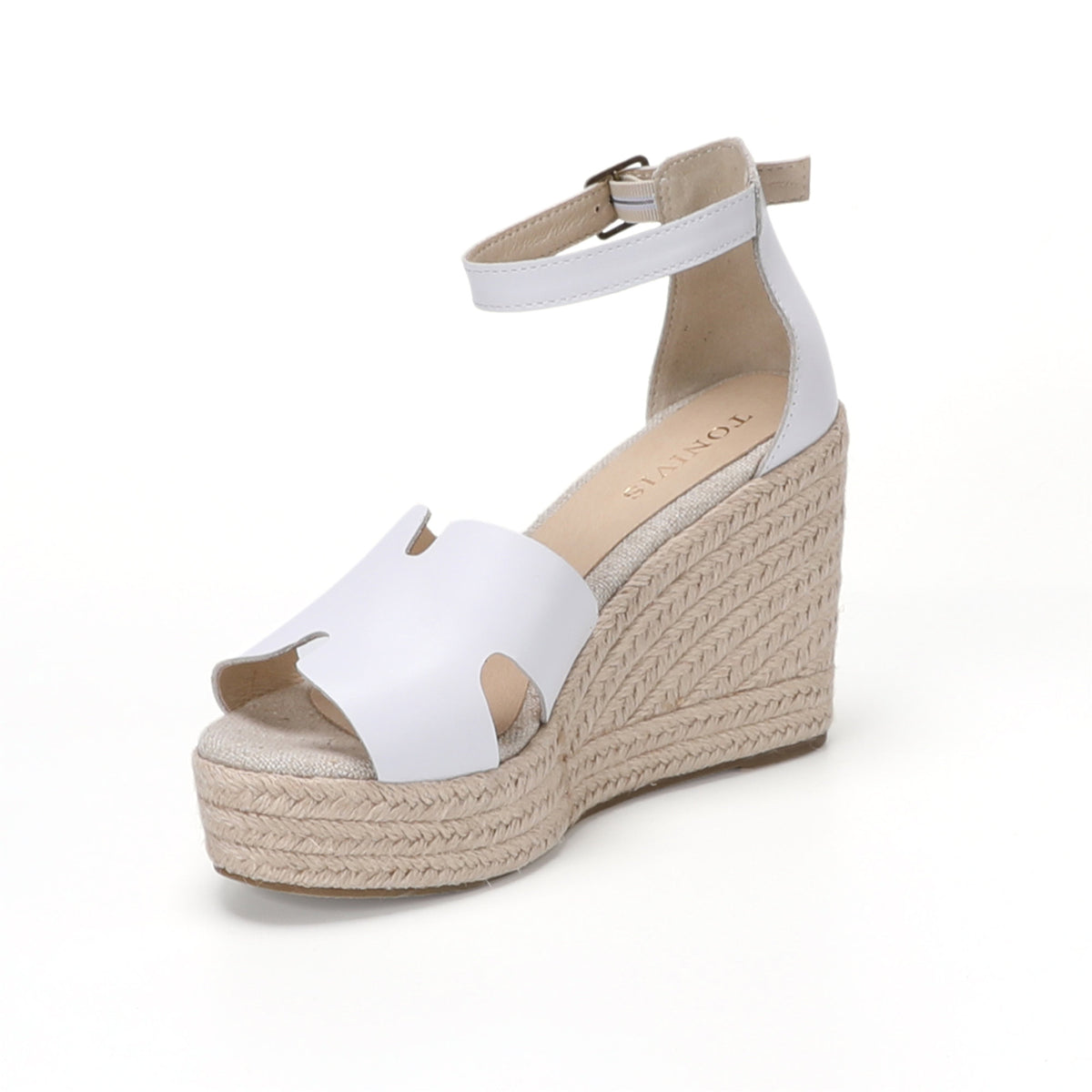 TONIVIS women's white leather platform wedge sandals angle view