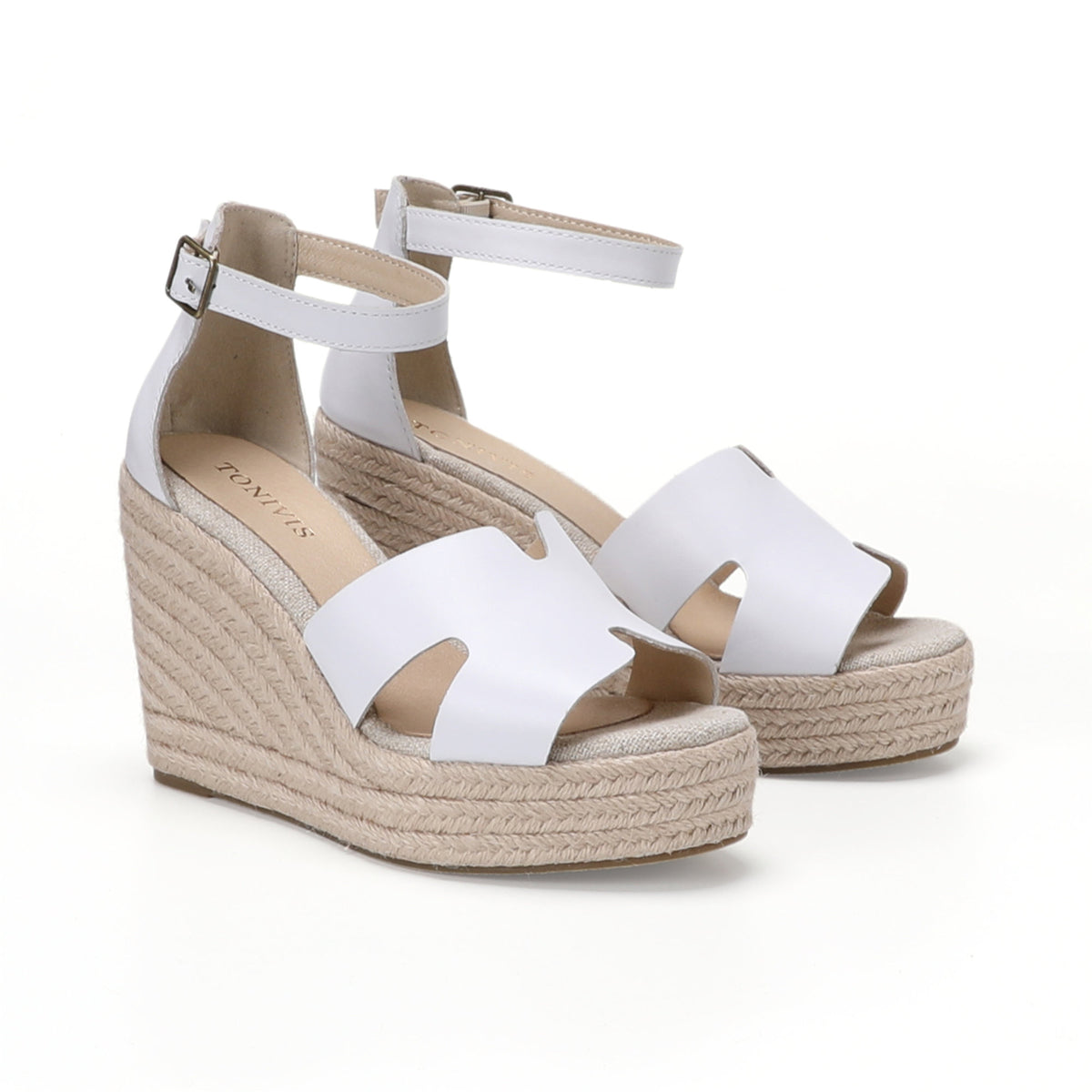 TONIVIS women's white leather platform wedge sandals pair