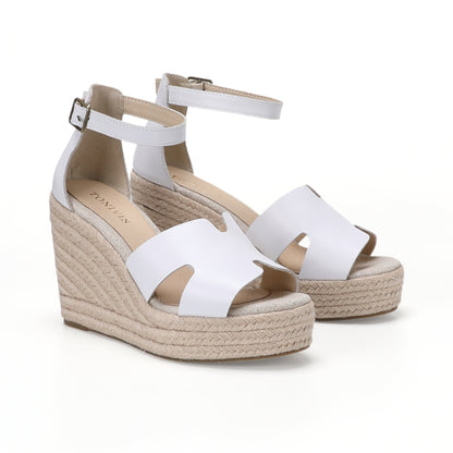 TONIVIS women's white leather platform wedge sandals pair