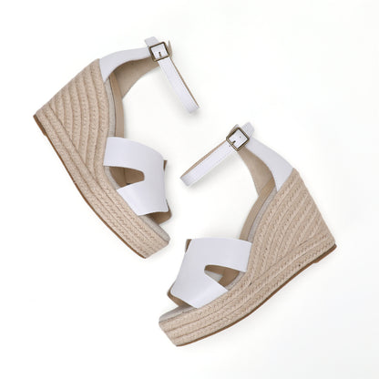 TONIVIS women's white leather platform wedge sandals overhead pair