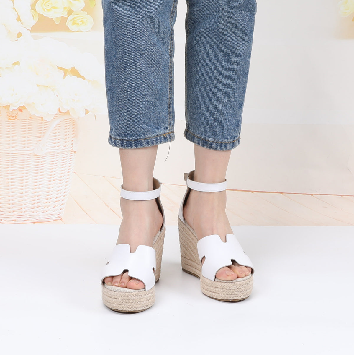 TONIVIS white leather platform wedge sandals on model front